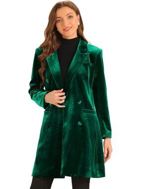 Chic Women's Winter Velvet Double-Breasted Long Coat with Lapel for Office Wear